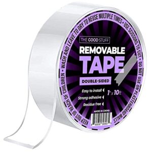 the good stuff nano double sided tape [1″ x 10ft] – reusable double sidestick tape heavy duty, strong tape heavy duty for mounting to tiles, wood, and glass walls, rug and carpet tape