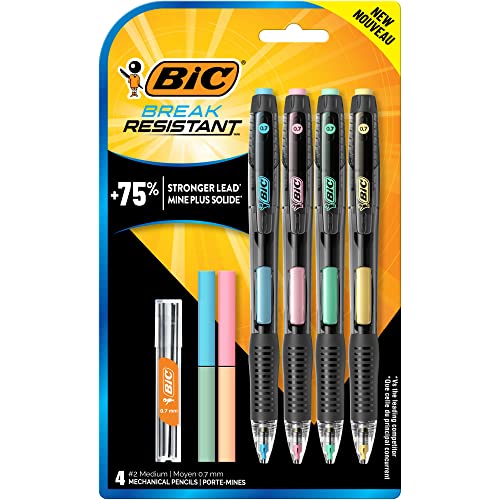 BIC Break-Resistant Mechanical Pencils with Erasers, No. 2 Medium Point (0.7mm), 4-Count Pack for School or Office Supplies