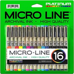 micro-line ultra fine point ink pens – (set of 16) – archival ink – assorted colors in 0.3 mm felt tip – 5 blacks in tip sizes 0.25mm to 0.5mm – competes with micron fine point permanent markers