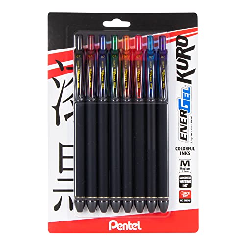 Pentel EnerGel Kuro Liquid Gel Pen, (0.7mm) Medium line, Assorted Ink, 8 Pack (BL437R1BP8M)