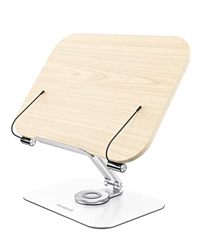 Book Stand for Reading, Amasrich Adjustable Holder with 360° Rotating Base & Page Clips, Foldable Desktop Ricer for Cookbook,Sheet Music,Laptop,Recipe,Textbook,Hands Free,Wood,Aluminium