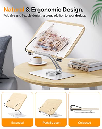 Book Stand for Reading, Amasrich Adjustable Holder with 360° Rotating Base & Page Clips, Foldable Desktop Ricer for Cookbook,Sheet Music,Laptop,Recipe,Textbook,Hands Free,Wood,Aluminium