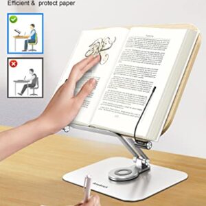 Book Stand for Reading, Amasrich Adjustable Holder with 360° Rotating Base & Page Clips, Foldable Desktop Ricer for Cookbook,Sheet Music,Laptop,Recipe,Textbook,Hands Free,Wood,Aluminium