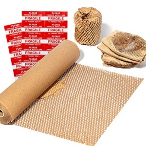 mcfleet 15″x135′ honeycomb packing paper wrap roll, eco friendly packaging material for moving shipping gift wrapping with 20 fragile stickers, protective recycled cushion wrap suppliers kraft brown