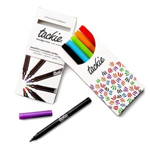 mc squares tackie markers fine point 6-pack: smudge-free markers for dry-erase whiteboards. erases with water! wet-erase low odor pens. neon colors: red, teal, purple, orange, green, black