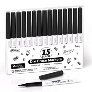 shuttle art ultra fine dry erase markers, 15 pack black whiteboard markers with erase, dry erase markers perfect for writing on whiteboards, dry-erase boards,mirrors for school office home