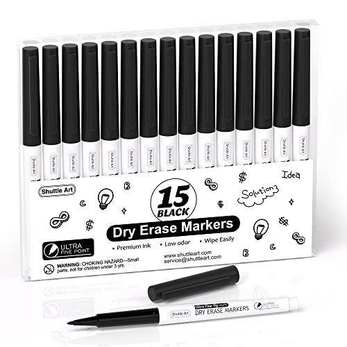 Shuttle Art Ultra Fine Dry Erase Markers, 15 Pack Black Whiteboard Markers with Erase, Dry Erase Markers Perfect For Writing on Whiteboards, Dry-Erase Boards,Mirrors for School Office Home