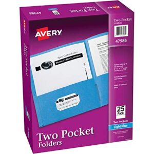 avery two pocket folders, holds up to 40 sheets, business card slot, 25 light blue folders (47986)