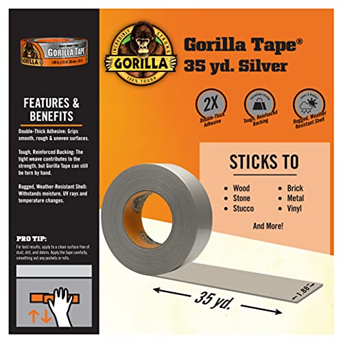 Gorilla Tape, Silver Duct Tape, 1.88" x 35 yd, Silver, (Pack of 1)