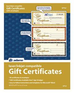 adams gift certificates, laser/inkjet compatible, 3-up, 30 per pack with envelopes (gftlz),white