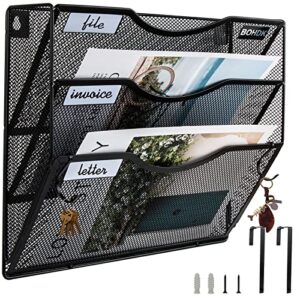 bohdk wall file organizer, 3 tire hanging file folder organizer, vertical mesh metal door/wall mount hanging file holder. paper document magazine rack with hooks for home office black