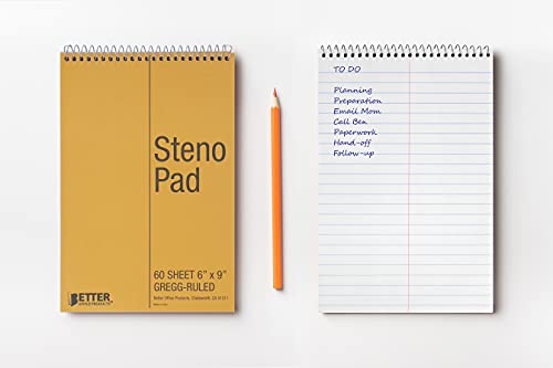 Better Office Products Spiral Steno Pads, 8 Pack, 6 x 9 inches, 60 Sheets, White Paper, Gregg Rule, Natural Board Cover, 8 Steno Notebooks