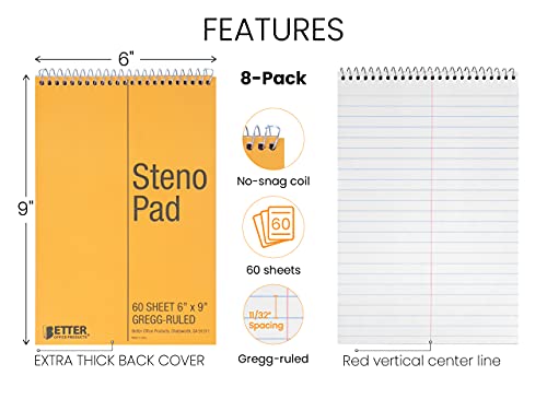 Better Office Products Spiral Steno Pads, 8 Pack, 6 x 9 inches, 60 Sheets, White Paper, Gregg Rule, Natural Board Cover, 8 Steno Notebooks