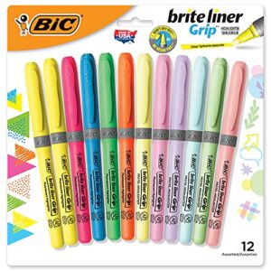 bic brite liner grip highlighters, chisel tip (1.6mm), assorted pastel and fluorescent, for broad highlighting & fine underlining, 12-count