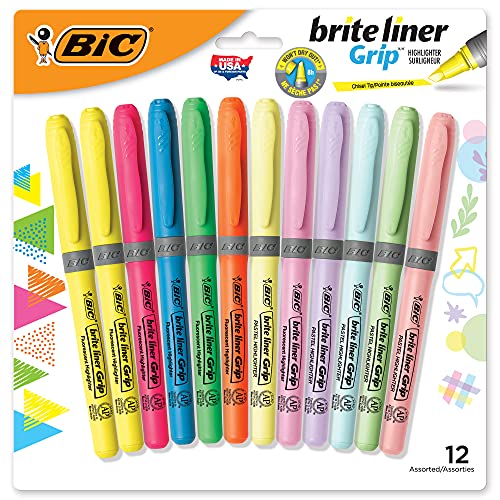 BIC Brite Liner Grip Highlighters, Chisel Tip (1.6mm), Assorted Pastel and Fluorescent, For Broad Highlighting & Fine Underlining, 12-Count