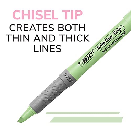 BIC Brite Liner Grip Highlighters, Chisel Tip (1.6mm), Assorted Pastel and Fluorescent, For Broad Highlighting & Fine Underlining, 12-Count