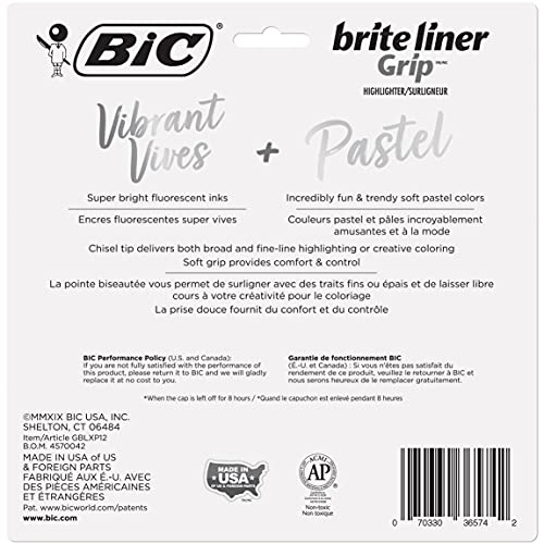 BIC Brite Liner Grip Highlighters, Chisel Tip (1.6mm), Assorted Pastel and Fluorescent, For Broad Highlighting & Fine Underlining, 12-Count