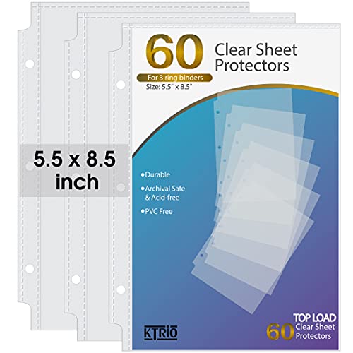 KTRIO Heavyweight Sheet Protectors 5.5 x 8.5 inch, Clear Page Protectors for Mini 3 Ring Binder, Plastic Sleeves for Binders, Top Loading Paper Protector, 60 Pack