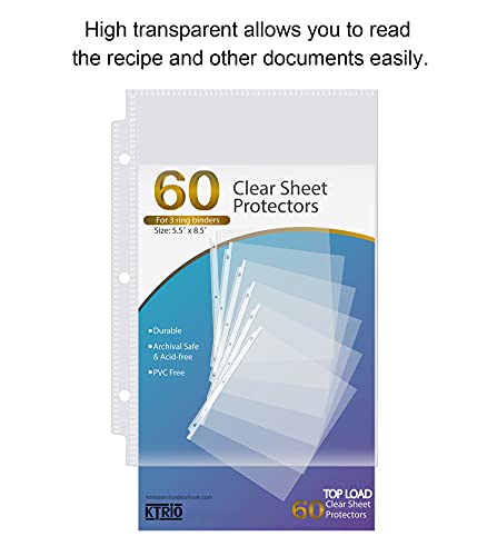 KTRIO Heavyweight Sheet Protectors 5.5 x 8.5 inch, Clear Page Protectors for Mini 3 Ring Binder, Plastic Sleeves for Binders, Top Loading Paper Protector, 60 Pack