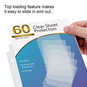 KTRIO Heavyweight Sheet Protectors 5.5 x 8.5 inch, Clear Page Protectors for Mini 3 Ring Binder, Plastic Sleeves for Binders, Top Loading Paper Protector, 60 Pack