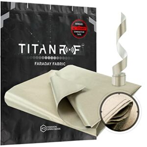 titanrf faraday fabric kit includes 44″w x 36″l titanrf fabric + 36″l titanrf tape + instructions. military grade conductive material shields rf signals (wifi, cell, bluetooth, rfid, emf radiation).