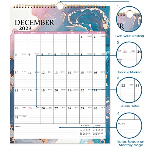 Calendar 2023-2024 - Wall Calendar 2023-2024, 12" x 17", January 2023 - June 2024, 2023 Wall Calendar with 18 Month, Thick Paper,Twin-Wire Binding + Hanging Hook + Large Blocks with Julian Dates - Black Waterink