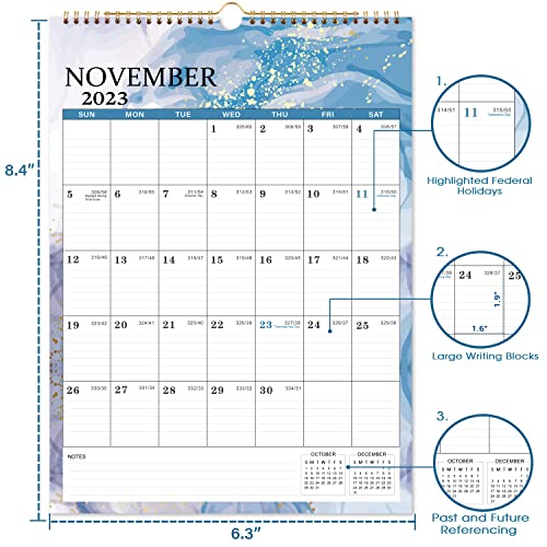 Calendar 2023-2024 - Wall Calendar 2023-2024, 12" x 17", January 2023 - June 2024, 2023 Wall Calendar with 18 Month, Thick Paper,Twin-Wire Binding + Hanging Hook + Large Blocks with Julian Dates - Black Waterink