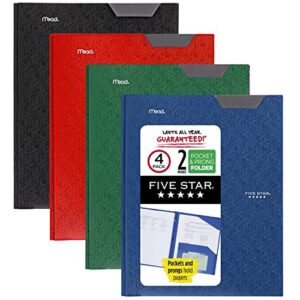 Five Star 2-Pocket Folders, 4 Pack, Plastic Folders with Stay-Put Tabs and Prong Fasteners, Includes Writable Label, Holds 11" x 8-1/2", Assorted Colors (38048), 4 count (Pack of 1