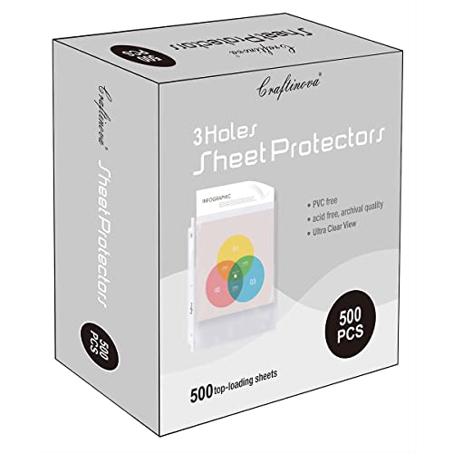 Craftinova 500 Sheet Protectors, 3 Hole Lightweight Binder Sleeves, Designed to Protect Frequently Used 8.5 x 11 Papers, Acid Free, Clear Plastic Design, 9.25 x 11.25 Top Loaded