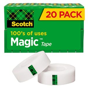 scotch magic tape, 20 rolls, numerous applications, invisible, engineered for repairing, 3/4 x 1000 inches, boxed (810k20)