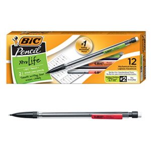 bic xtra-life mechanical pencil, clear barrel, medium point (0.7mm), 12-count , black