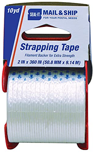 Seal-It Mail and Ship Strapping Tape, 2 Inches x 360 Inches, White, with Palmguard Dispenser Blue/Red (83716)