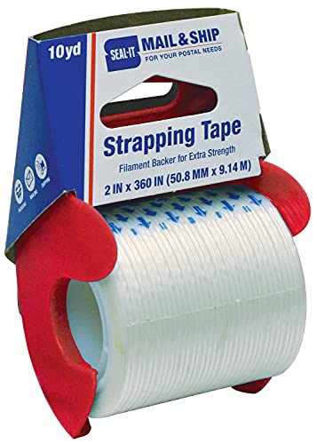 Seal-It Mail and Ship Strapping Tape, 2 Inches x 360 Inches, White, with Palmguard Dispenser Blue/Red (83716)