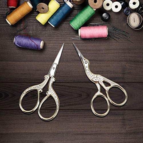 AQUEENLY Embroidery Scissors, Stainless Steel Sharp Stork Scissors for Sewing Crafting, Art Work, Threading, Needlework - DIY Tools Dressmaker Small Shears - 2 Pcs ( 3.6 Inches, Gold)