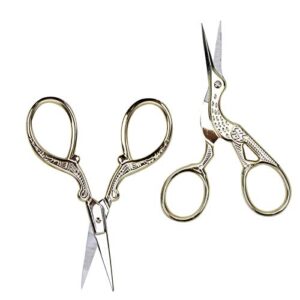 AQUEENLY Embroidery Scissors, Stainless Steel Sharp Stork Scissors for Sewing Crafting, Art Work, Threading, Needlework - DIY Tools Dressmaker Small Shears - 2 Pcs ( 3.6 Inches, Gold)