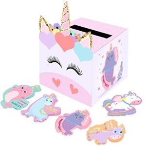 valentine boxes for kids – unicorn valentines day cards for school classroom boys girls gifts exchange & greeting, kids valentines gift for party favor sets (1 mailbox/32 unicorn cards/1 teacher card)