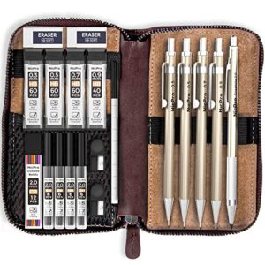 nicpro 5 pcs metal mechanical pencil set in leather case, 0.3 & 0.5 & 0.7 & 0.9 mm & 2mm lead pencil holders, (4b 2b hb 2h) lead refills (black & colors), erasers, for art drafting sketching drawing