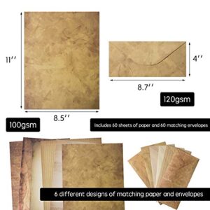 60 Vintage Paper and 60 Envelopes - 60 Sheets of Antique Looking Papers & 60 Antique Style Envelopes - Six Classic Aged Paper Designs - Vintage Printing paper, Vintage Writing Paper, 8.5 x 11 inch