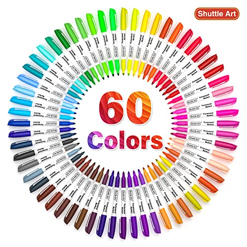 60 Colors Permanent Markers, Fine Point, Assorted Colors, Works on Plastic,Wood,Stone,Metal and Glass for Doodling, Coloring, Marking by Shuttle Art