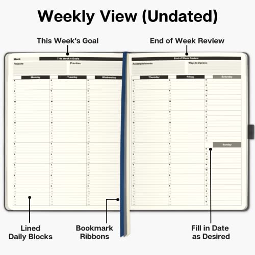 Dunwell Large Undated Appointment Book 2023 (8.5 x 11), Gray Faux Leather, 15 Minute Interval Time Block Planner (30 Min Weekends) No Date Planner Daily Weekly Monthly