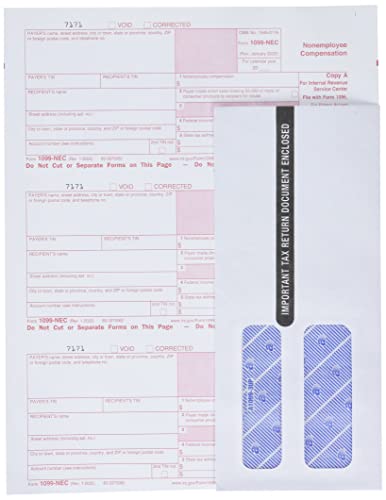 TOPS 1099 NEC 3 Up Forms 2022, Tax Forms Kit for 30 Recipients, 5 Part NEC Tax Form Sets with Self Seal 1099 Envelopes and 3 1096 (TX22905NEC-22)