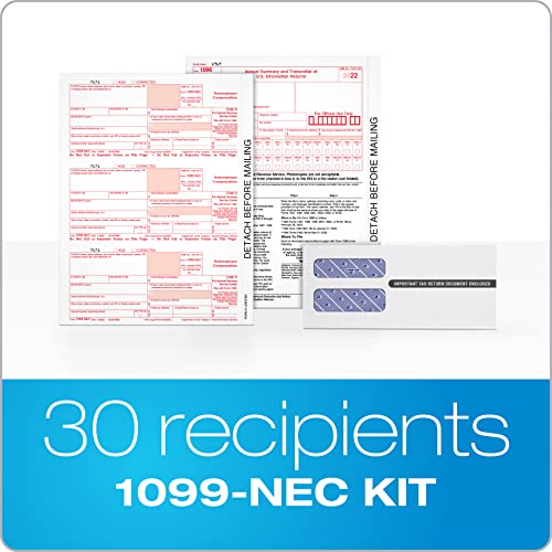 TOPS 1099 NEC 3 Up Forms 2022, Tax Forms Kit for 30 Recipients, 5 Part NEC Tax Form Sets with Self Seal 1099 Envelopes and 3 1096 (TX22905NEC-22)