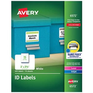 avery id labels, sure feed technology, permanent adhesive, 2″ x 2-5/8″, 225 labels (6572)