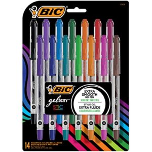 bic gel-ocity stic assorted colors gel pen set, medium point (0.7mm), 14-count pack, colorful gel pens for journaling and lists (rgsmp14-ast)
