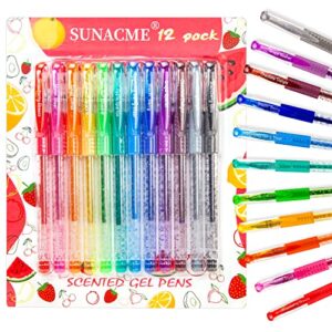 sunacme fruity scented gel ink pens, 12 assorted colorful gel pens for kids drawing, writing, coloring at school & home