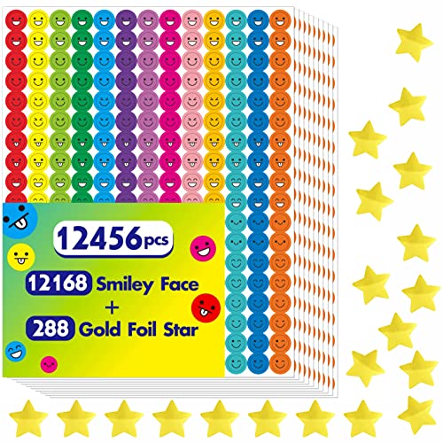 12456 Pcs Happy Smile Face Star Stickers Mega Bundle in 14 Colors and 10 Designs for Reward Behavior Chart (Each Measures 3/8”)