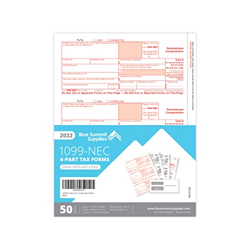 Blue Summit Supplies 1099 NEC Tax Forms 2022, 50 4 Part Tax Forms Kit, Compatible with QuickBooks and Accounting Software, 50 Self Seal Envelopes Included