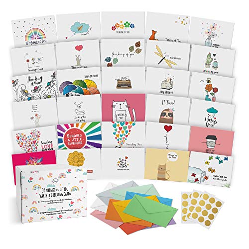 Dessie Unique Thinking Of You Cards With Greetings Inside, Assorted Color Envelopes, Gold Seals, Storage Box, 30 Large Cards