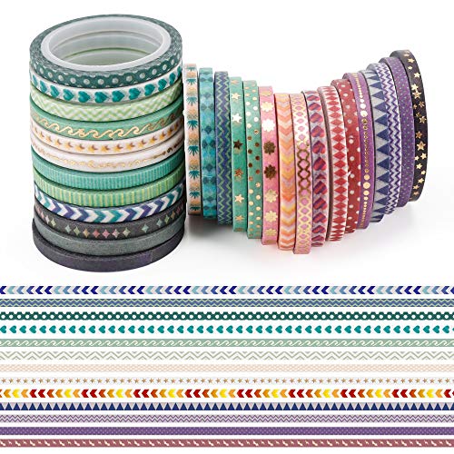 NANYNNU Cute 48 Rolls Washi Tape Set,Foil Gold Thin Decorative Masking Washi Tapes,3MM Wide DIY Paper Tape for DIY Craft Scrapbooking Gift Wrapping Planner