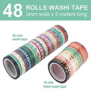 NANYNNU Cute 48 Rolls Washi Tape Set,Foil Gold Thin Decorative Masking Washi Tapes,3MM Wide DIY Paper Tape for DIY Craft Scrapbooking Gift Wrapping Planner